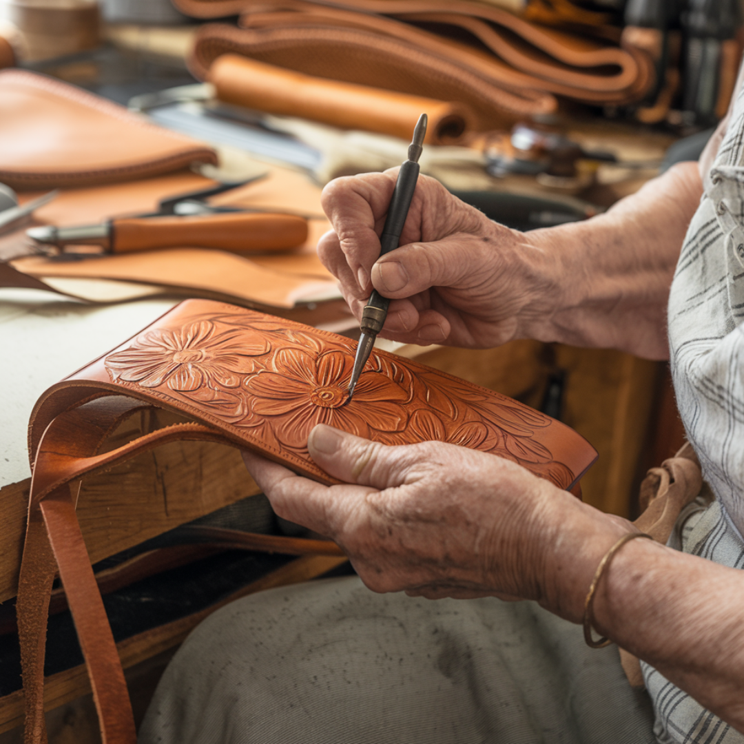 Florina | Borsa a mano in pelle con incisione e motivo floreale
